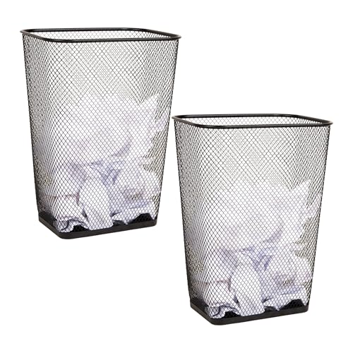 Mind Reader 10 Gallon Executive Waste Paper Bins, Solid Bottom, Non Slip Pads, Office and Home, Metal Mesh, Set of 2, Black