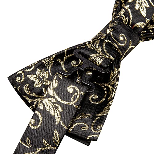 Image of Hi-Tie Pretied Bow Ties for Men Wedding Formal Bow Tie Handkerchief Cufflinks Lapel Pin Set Party Formal Mens Bowtie Set, Black Beige Floral, Medium