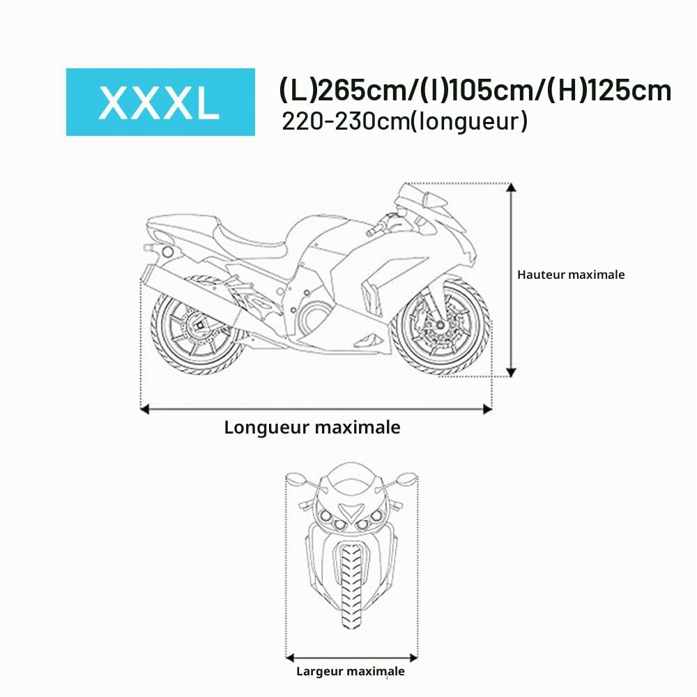 Housse de protection de moto imperméable pour extérieur et intérieur 210D en polyester anti-poussière, coupe-vent et anti-neige pour XMAX X-MAX 125 250 300 400 (265 x 105 x 125 cm)