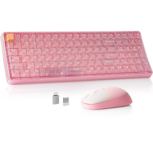 Wireless Transparent Keyboard and Mouse Combo, UBOTIE Pink 100keys 2.4GHz USB Receiver Keyboard Mouse Set with Adjustable DPI Optical Mouse for PC Laptop