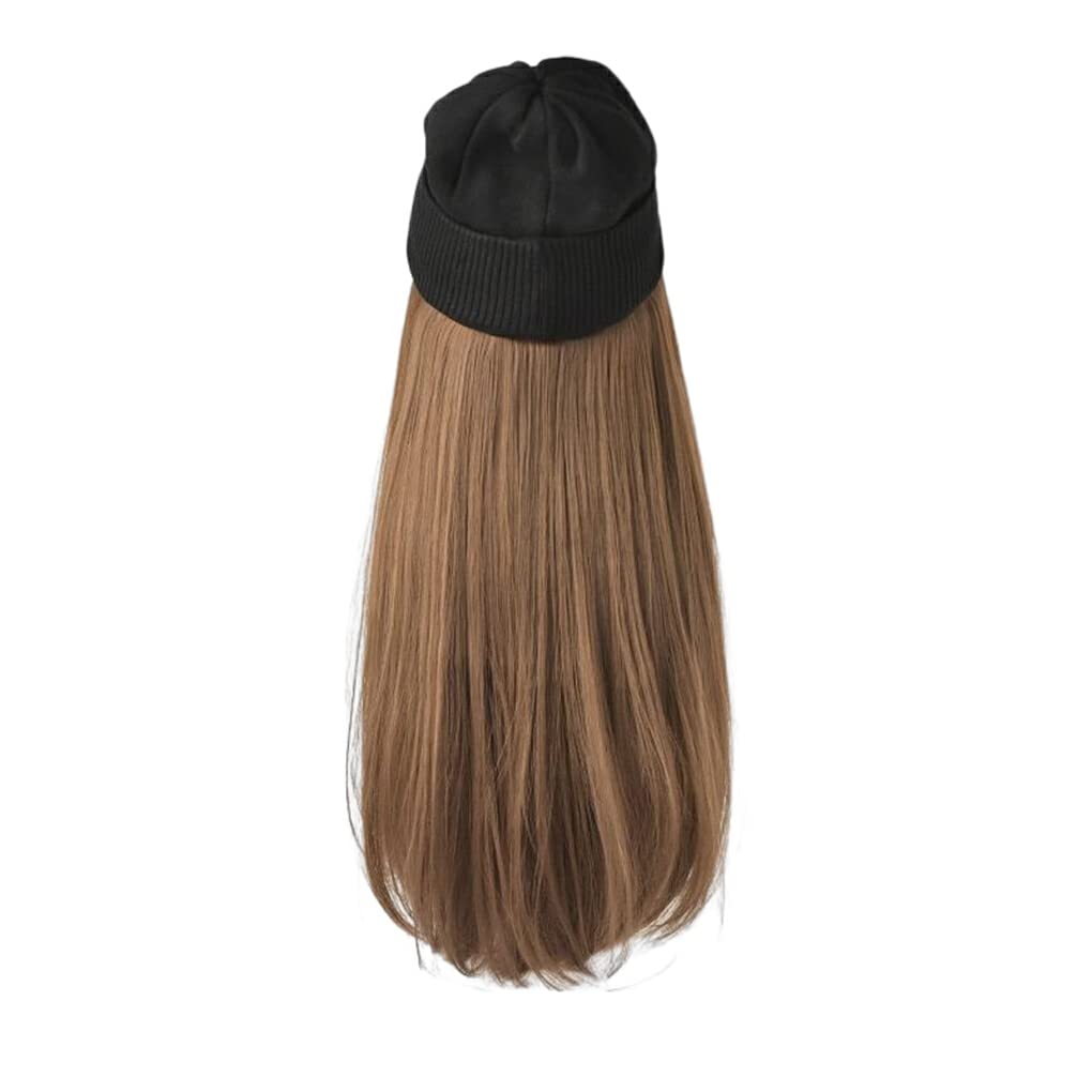 Women Wig Hat Synthetic Long Hair Straight Artificial Flexible Elastic Thermal Warm Keeping Girls Ladies Hairpiece Cap, Light Brown