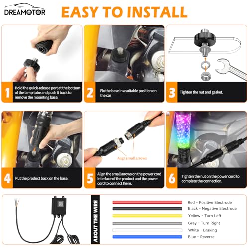 DREAMOTOR Upgraded Fat Whip Lights with Flash Warning Light, 2Pcs 1FT Light Whip for Side by Side, Remote & APP Control, DIY Chasing Patterns, Music LED Antenna for UTV ATV Polaris Dune RZR Can-Am SXS