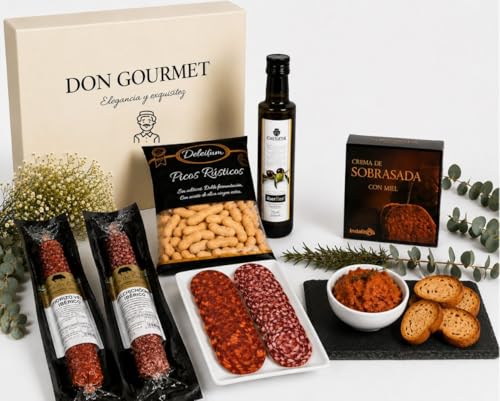 DON GOURMET, Cesto Gourmet para presente, personalizável, queijo curado, presunto ibérico, chouriço ibérico, lote enchidos ibéricos, azeite, pacote ibérico, presente dia da mãe. (Cesto 3)