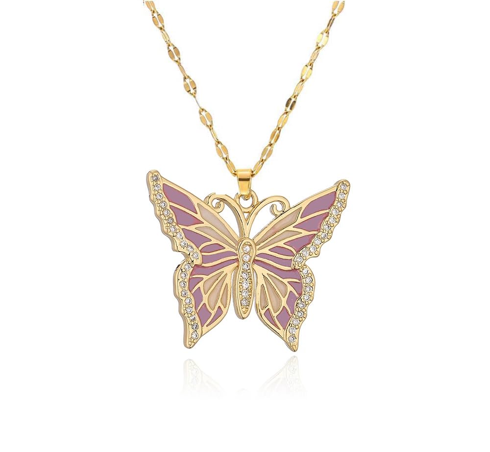 Q&D&S 14K gold plated butterfly necklace ，purple Dainty Rhinestone Pendant Necklace, Crystal Butterfly Pendant Necklaces Chain Sparkly Neck Jewelry