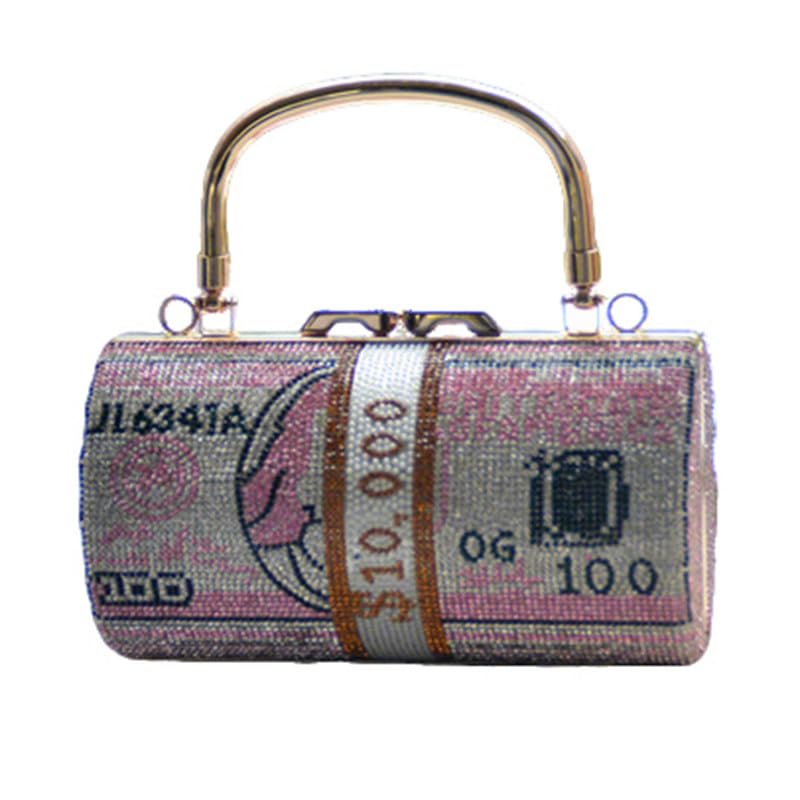Pochette cylindre strass billets de banque de luxe pour grande soirée mondaine rose