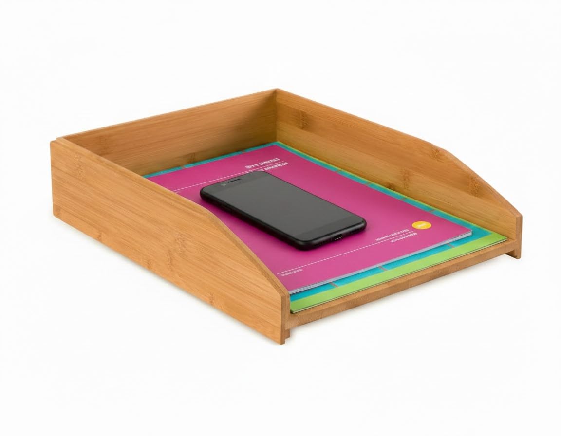 OSCO Bamboo Stacking Letter Tray A4, Sustainable MOSO Bamboo Desk Organiser for Mail, Documents & Files, Stackable & Durable Paper Sorter, Natural Smooth Finish for Home Office and Workplace