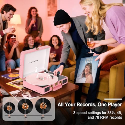 Vinyl Record Player Bluetooth, 3-Speed Turntable Vinyl Player, Portable Suitcase Record Players with USB/TF Recording & Playback, Built-in Speakers, Belt Drive, AUX/RCA/Headphone Jack, Pink - Image 5