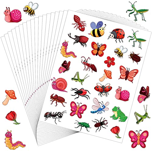 Geyee 20 Sheets Bug Stickers for Kids, 520 Count Insect Stickers Bulk for Water Bottles Scrapbooking Envelopes Laptop, Waterproof Small Funny Adhesive Decals for Boys Girls Spring Craft(Cute Style)