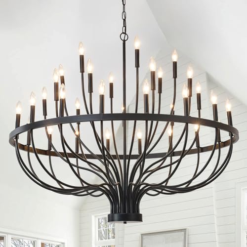 HHR 48-Inch Farmhouse Foyer Chandelier Entryway High Ceiling, 33-Light Candle Chandelier Light Fixtures Modern Black Chandeliers for Dining Room Bedroom Hallway Kitchen Living Room