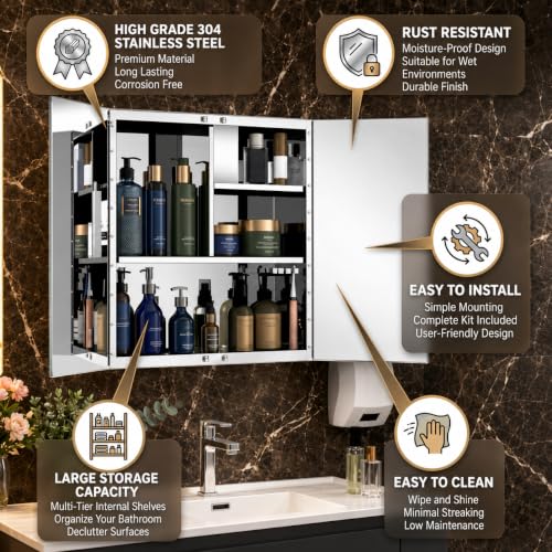 Image of Dropin (18x18 Inch, Chrome Finish 304 Stainless Steel Bathroom Mirror Cabinet, Heavy-Duty Storage Cabinet /Wall Mounted Mirror Bathroom Cabinet Separate Compartments for Storage