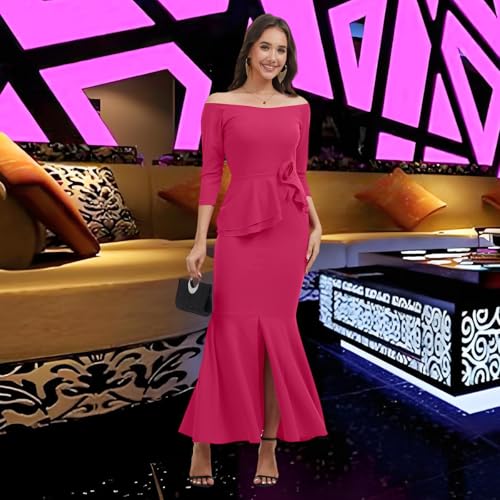 Image of Women's Elegant Formal Mermaid Maxi Dress Off Shoulder Long Sleeve Wedding Split Evening Gown Prom Cocktail Party Dresses