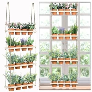 FillTouch 4 Tiered Window Plant Shelves Hanging Herb Planter Indoor Display with 16 Pcs Flower Pots Wood Window Plant Hanger for Grow Herbs Succulents Microgreens Seedling Organization