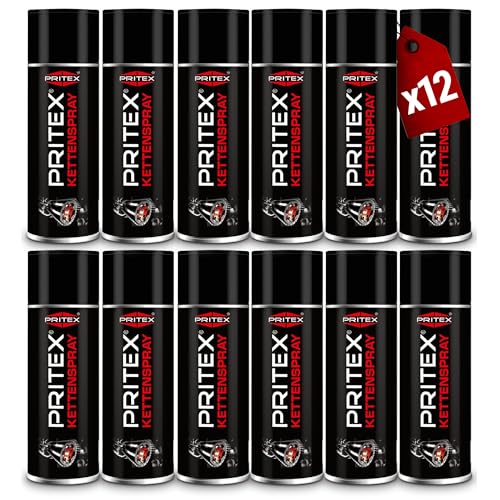 PRITEX – Kettenspray 12 x 400 ml für Motorrad & Fahrrad – Kettenfett bietet hohen Schutz vor Reibung, Verschleiß & Korrosion – Schmiermittel Spray mit sehr guter Haftung & Schmierleistung – Kettenöl