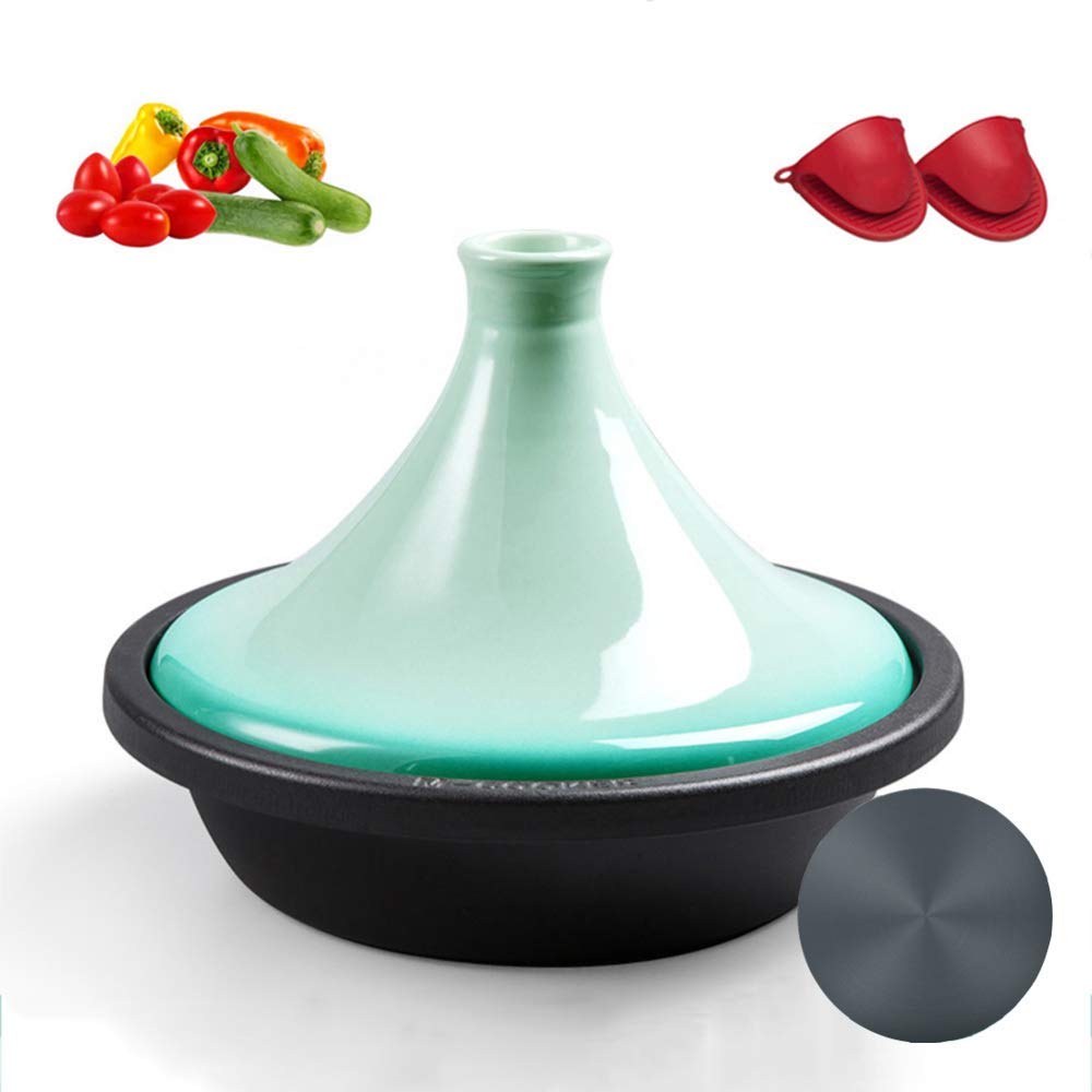 Thickened Cast Iron Tagine Pot, with Gloves Potholder, for Different Cooking Styles and Temperature Settings, Enameled Tajine, Oven Safe Dish Clay / 27cm with Thermal Board/Green