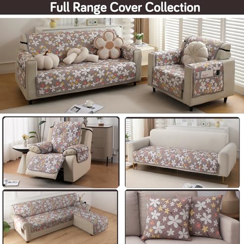 Image of HOKIPO 'HomeHues Series' Printed Quilted Sofa Seat Mat for 2 Seater Sofa with 2 Armrest Covers with Pockets, Pastel Brown Sandwort Flower (IN-807-D1 + IN-814-D1*2)