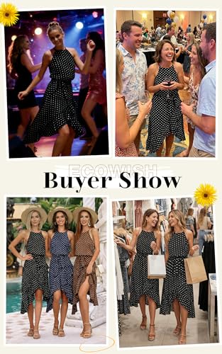 Image of ECOWISH Polka Dot Women Summer Dresses Casual Midi A Line Ruffle High Low Sleeveless Boho Floral Halterneck Cocktail Sundress