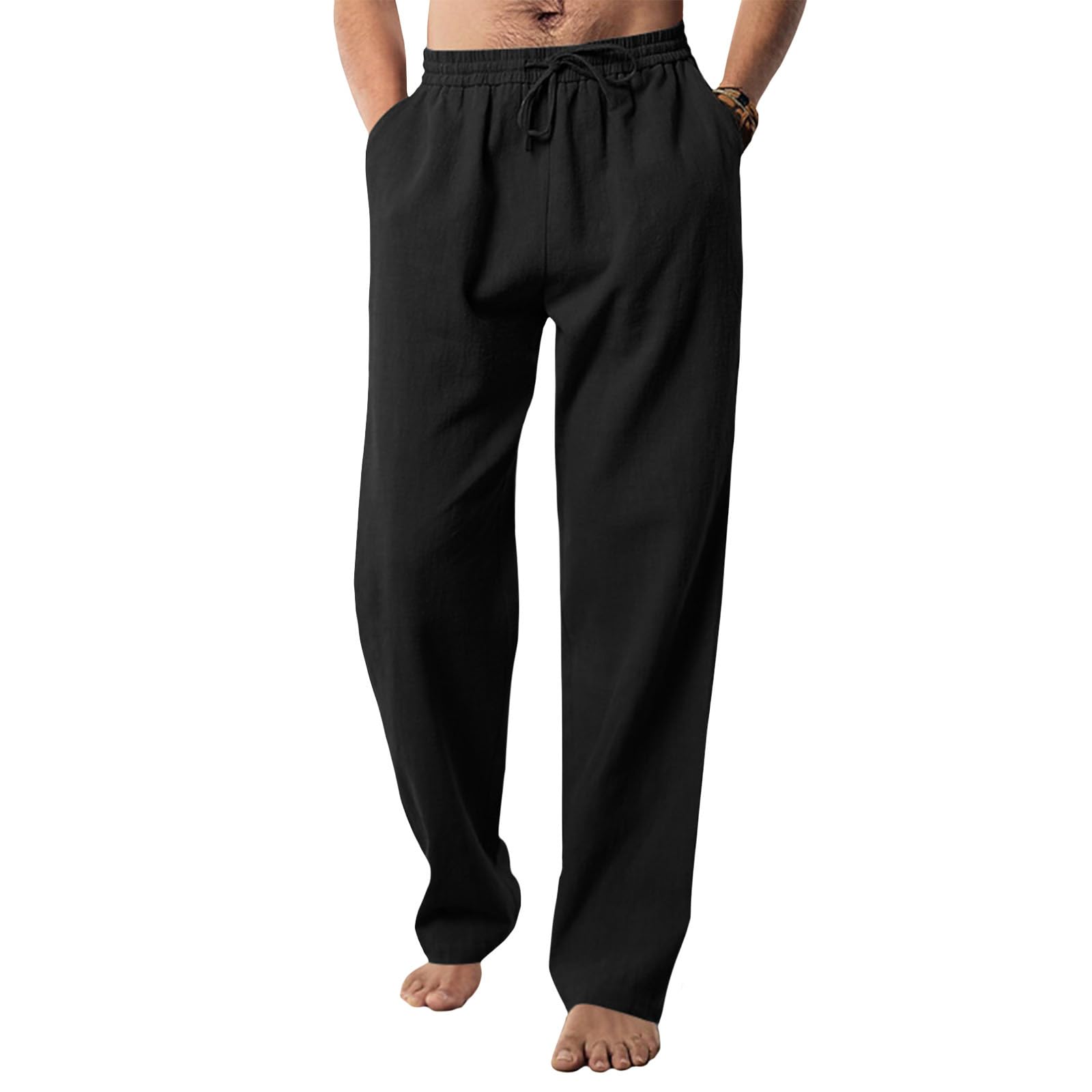 High Waist Beach Pants for Men Lightweight Flowy Solid Color Linen Pant with Pocket Elastic Waist Yoga Trouser