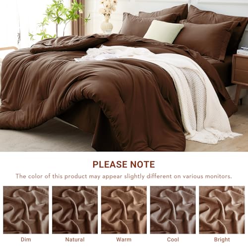 MUXHOMO 7 Pieces Full Comforter Set, Soft Bed in a Bag Full Size, All Season Bedding Set with Comforter, Flat Sheet, Fitted Sheet, Pillowcases & Shams, Brown
