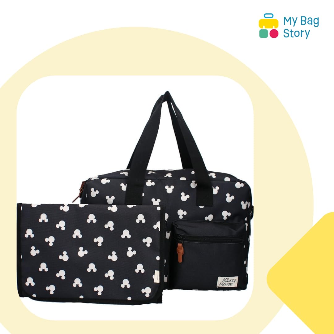mybagstory - Bolso cambiador de gran capacidad con cambiador (40 cm), diseño de mickey mouse, color negro, Mickey Mouse - Negro, 40 cm x 28 cm x 16 cm