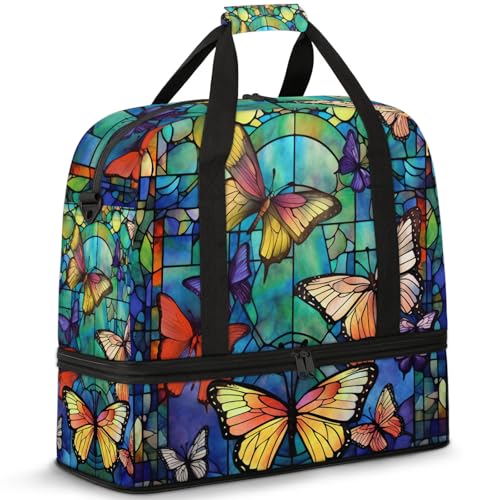 Large Weekender Overnight Bags Glass Colorful Butterfly Travel Duffel Bag for Women Men Gym Bag With Shoe Compartment Foldie Travel Tote Bag Carry On Personal Item Bag for Travel Gym Sports