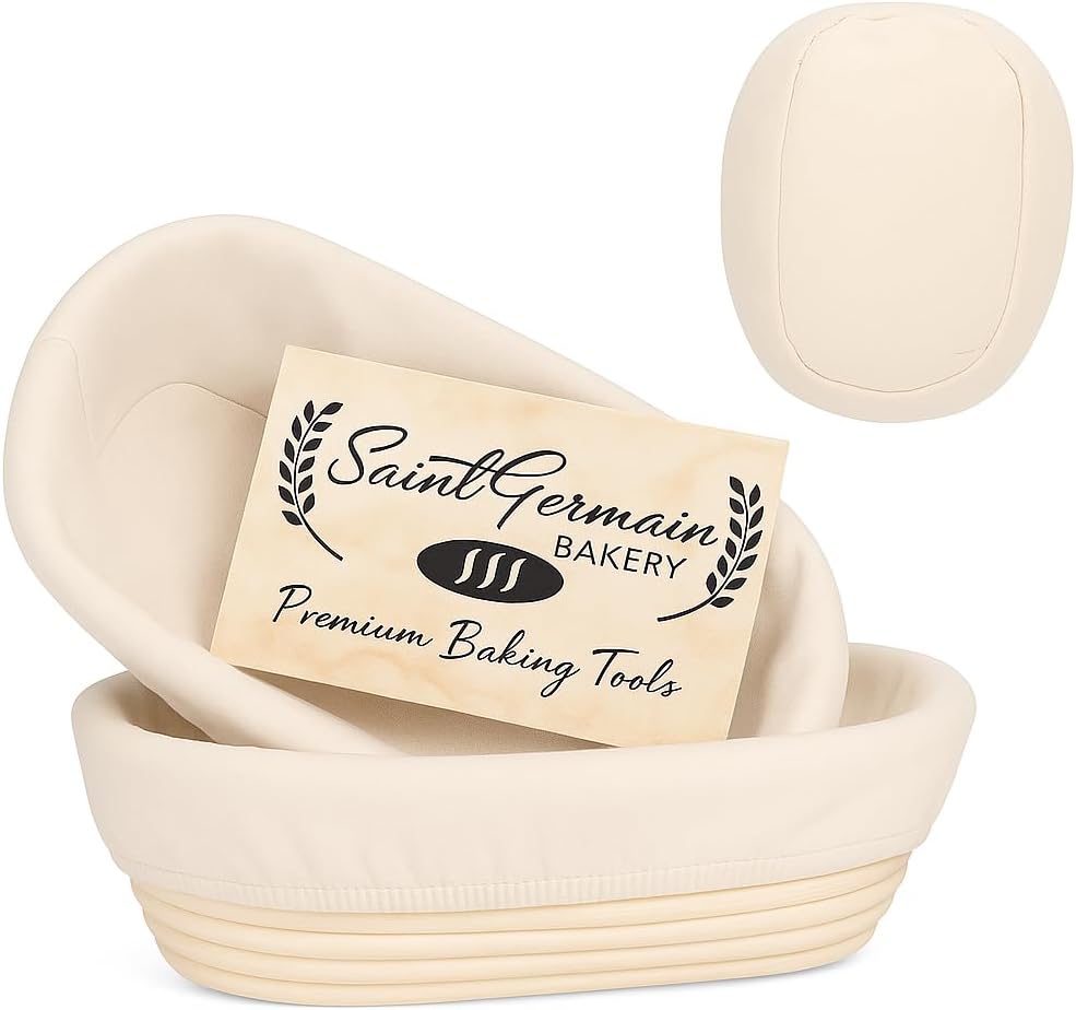 Product image of "Saint Germain Bakery Premium Round Bread Banneton Basket with Liner - Perfect Brotform Proofing Basket for Making Beautiful Bread (10"" Oval (2x count))"