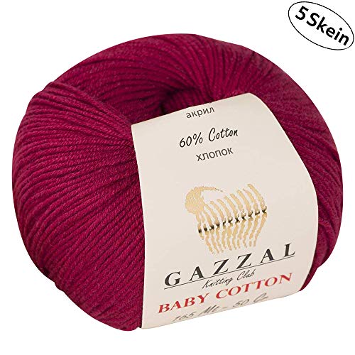 5 madejas (paquete) total 8.8 onzas. Gazzal - Hilo de algodón para bebé (50 g), 180 años (165 m) Claret - 3442