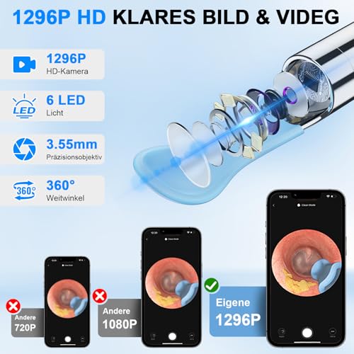 6 in 1 Kamerawerkzeug zur Ohrenschmalzentfernung mit Pinzette, Ear Scope Otoskop Set mit 6 LED Kameralichtern, visueller Ohrpicker, kabelloser Ohrenschmalzentferner (schwarz, DF004)
