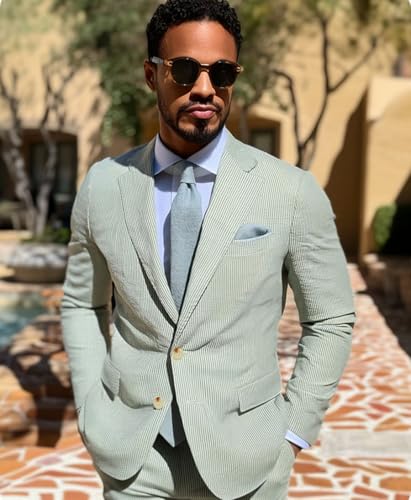 Men's Seersucker Blazer Single Breasted Lightweight Suit Jacket Summer Casual Party Beach Grooms Wedding2