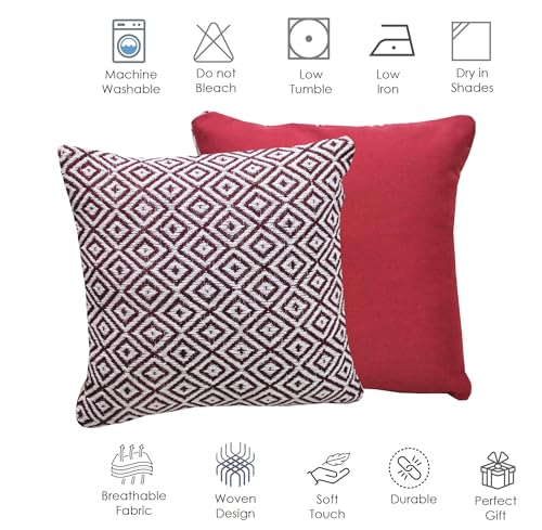 Image of Reversible 24x24 Inch Maroon Cotton Argyle Woven Pack of 1 Fashion Throw Pillow Covers Cases for Couch Sofa Home Decoration | 60 x 60 cm