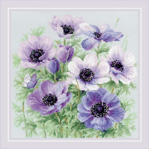 Image of RIOLIS - Purple Anemones 2176, Cross Stitch Kits 11 inch x 11 inch, Cross Stitch Kits for Adults, Floral Counted Cross Stitch Kits, Embroidery Kit for Beginners & Advanced, Crossstitching Kits