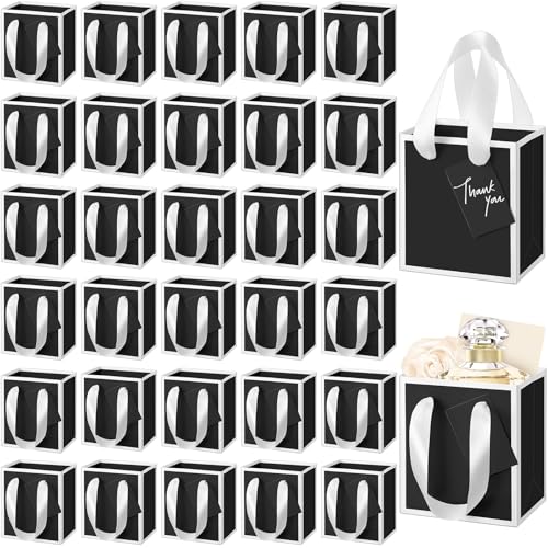 Yeaqee 50 Pcs Mini Paper Gift Bags with Handles Tag, Black, White