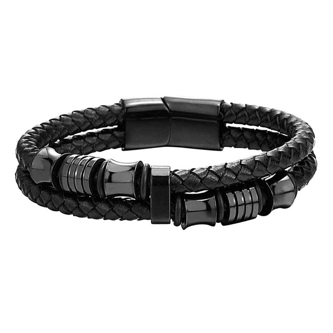 Handcrafted Braided Black Genuine Leather Magnetic-Clasp Wrist Band Bracelet for Men and Boys, M (YCFJBR-303GNELTH-BK)