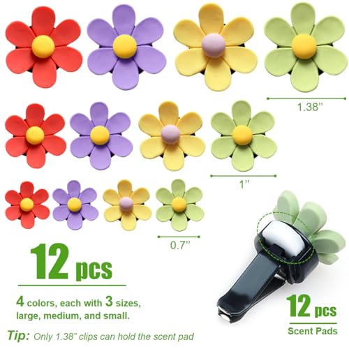 Image of 12 PCS Car Vent Clips Cute Car Accessories, Flower Car Air Outlet Clip Vent Clips for Women Car Interior Decoration (3 Size, Red, Yellow, Green, Purple)