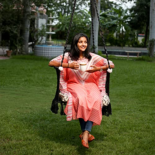 Image of Patiofy Made in India Premium Cotton C-Swing Chair for Adults, Kids Hammock-Hanging Chair Swing with Red Color Cushion and Accessories (Black)