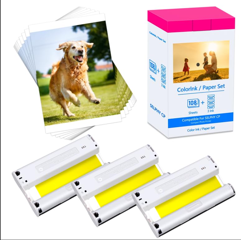 Esaytool Compatible for Canon Selphy CP1300 CP1500 Ink and Paper KP-108IN KP108IN 4x6 Photo Paper 108 Sheets 3 Ink Cartridges Compatible with CP
