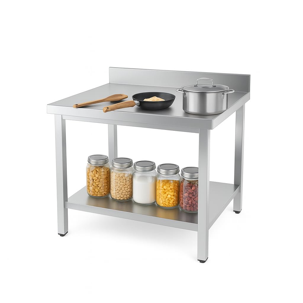 Genérico Mesa Inox Profesional Adosada - 800 x 600 mm - Estante inferior - Respaldo 100 mm - Capacidad 150 kg - Montaje Fácil