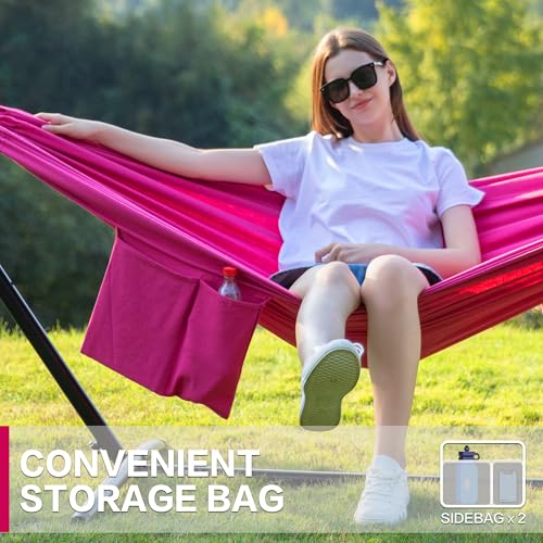 Image of PNAEUT Double Hammocks with Stand for Outside, Portable Space Saving Heavy-Duty Steel Stand for Indoor Outdoor Patio with Carrying Bag, 450 lbs Capacity (Rose Pink)