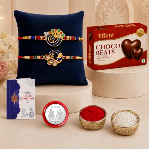 Image of DeoDap Rakhi with Chocolate for Brother - 2 Peacock Design Rakhi Set with Choco Beats Chocolate 32gm, Silver Color Pooja Coin, Roli Chawal & Greeting Card | Raksha Bandhan Combo for Bhai