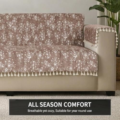 Image of STITCHNEST Woven Fabric Sofa Cover 3 Seater with 2 Hand Rest Covers - Washable Brown Sofa Cover with Tassels - Durable Premium Fabric - Stylish Sofa Protector for Living Room & Furniture Decor