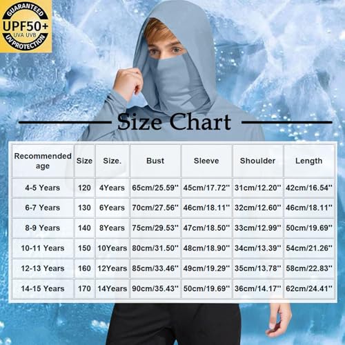 Unisex Kids UPF 50+ Hoodie with Face Mask Ice Silk Long Sleeve Rash Guard Swim Tops Cooling Hiking Shirts 4-15 Years3