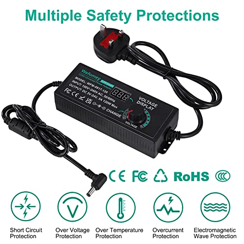 Wefomey Universal Power Supply 3V~24V 5A 120W Adjustable Variable AC/DC Adapter Charger, 100V-240V AC to DC Converter with LED Voltage Display & 14 Tips & Polarity Converter - Image 4