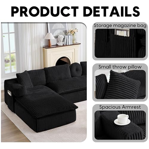 Image of Oversized Cloud Boneless Couch with Chaise, 149 inch Modern U Shape Modular Deep Seat Sectional Sofa, Comfy Corduroy Upholstered Couches for Living Room, No Assembly Required, Black