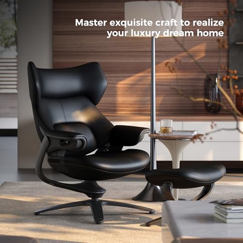 Image of TOMU Genuine Leather Reclining Swivel Chair with Adjustable Headrest and Ottoman for Living Room, Executive Office, Bedroom,Study. Real Leather Luxury Recliner for Reading and Relax (Black)