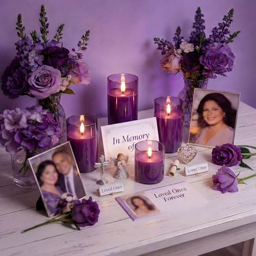 Image of Homemory Purple Glass Flameless Candles, Battery Operated LED Pillar Candles with Remote Control and Timer, Radiance Candles, Real Wax, Set of 3,D3 xH4 5 inch 6 inch