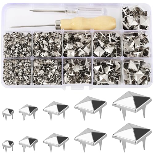 YORANYO 968 Pcs Assorted Sizes Square Pyramid Studs Prong Studs for Clothing Leather Rivet Kit Spikes and Studs for Leather Craft Clothing Belts Bags Shoes Bracelets Dog Collar Accessories (Silver)