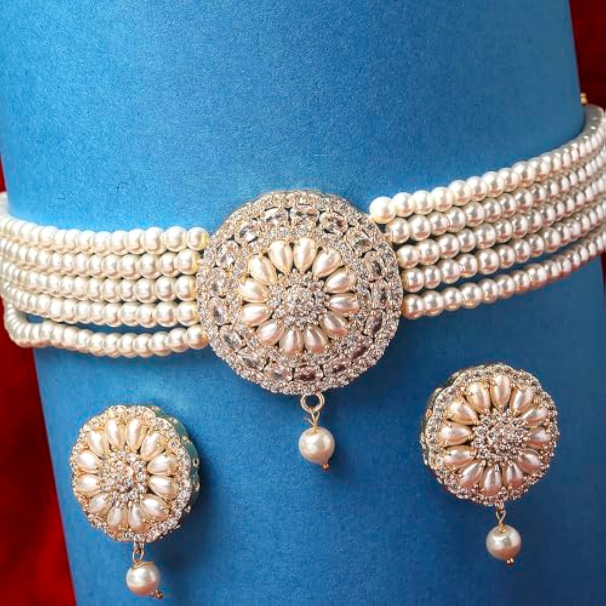 American Diamond Pearl Choker Necklace Set with Earrings