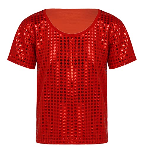 TACKTIMES Girls Boys Shiny Dance Tops Shirt Glitter Sparkle Party Disco Tee Shirt Blouse for Dancing Performance Costume (Red, 2-6)
