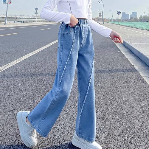 Kids Girls Denim Pants Baggy Trousers Elastic Waist Casual Pants Slant Burr Detail Wide Leg Jeans Size 3-13 Years4