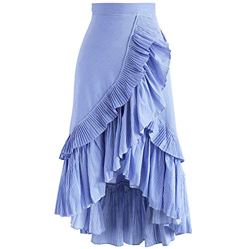 Chicwish Women's Blue Stripes Ruffle Tiered Frill Asymmetric Hem Midi Prom Party Skirt #TOP12
