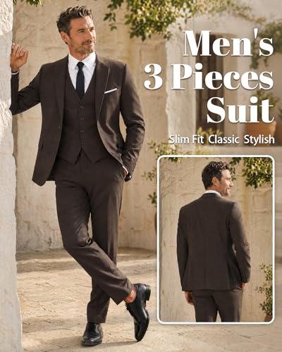 Image of MY'S Men's 3 Piece Suit Set with Tie, One Button Slim Fit Solid Jacket Vest Pants, Prom Party Wedding Business Suits for Men